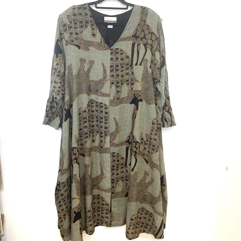 Vtg‎ Pnina Novelty  Maxi Dress Plus One Size Africa Saffari  Elephant Giraffe